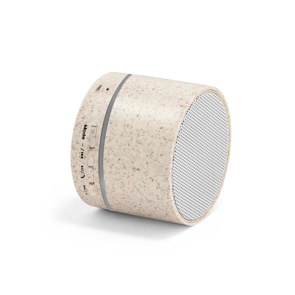 Caixa de som portátil para brinde Ecológica feita de palha de trigo e ABS 100% reciclado microfone e 4h30 de autonomia