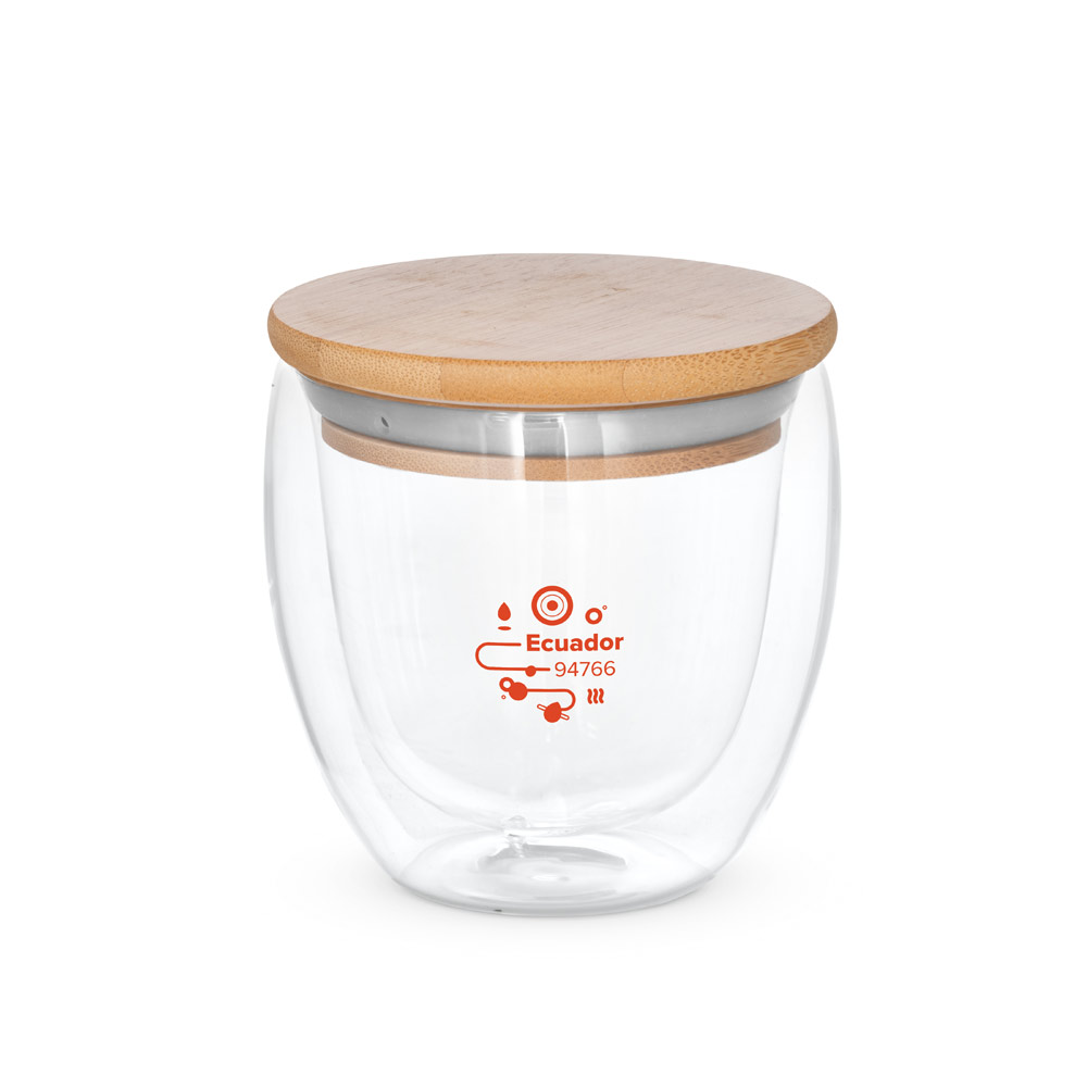 Copo Brinde Isotérmico de Vidro Borossilicato 250 mL com Tampa de Bambu