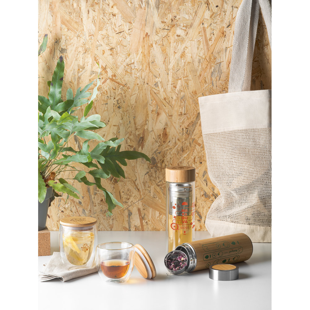Copo Brinde Isotérmico de Vidro Borossilicato 250 mL com Tampa de Bambu