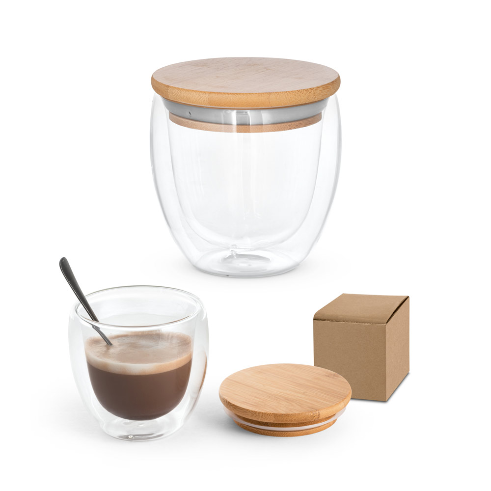 Copo Brinde Isotérmico de Vidro Borossilicato 250 mL com Tampa de Bambu