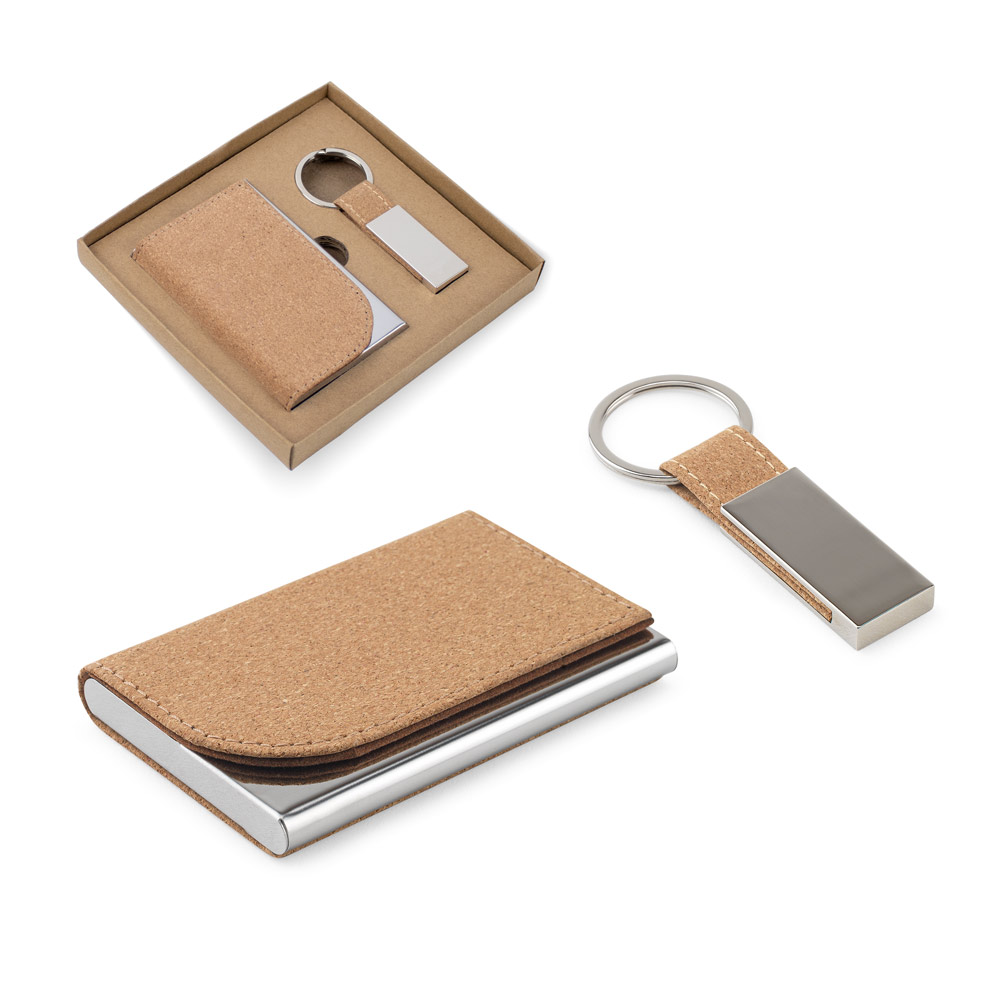 Kit Brindes Porta-Cartões e Chaveiro em Metal e Cortiça