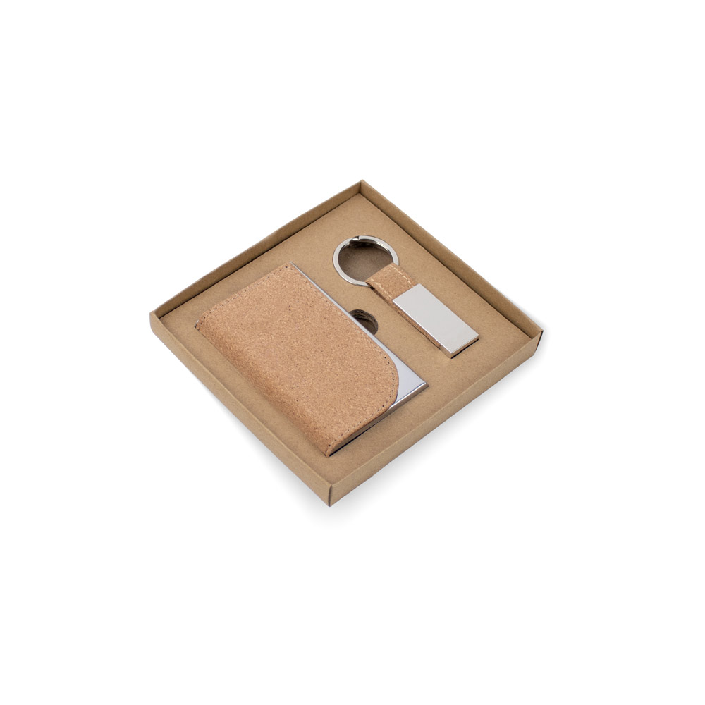 Kit Brindes Porta-Cartões e Chaveiro em Metal e Cortiça