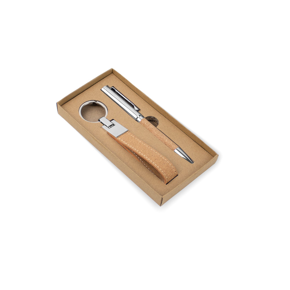 Conjunto de Brindes Caneta e Chaveiro em Metal e Cortiça