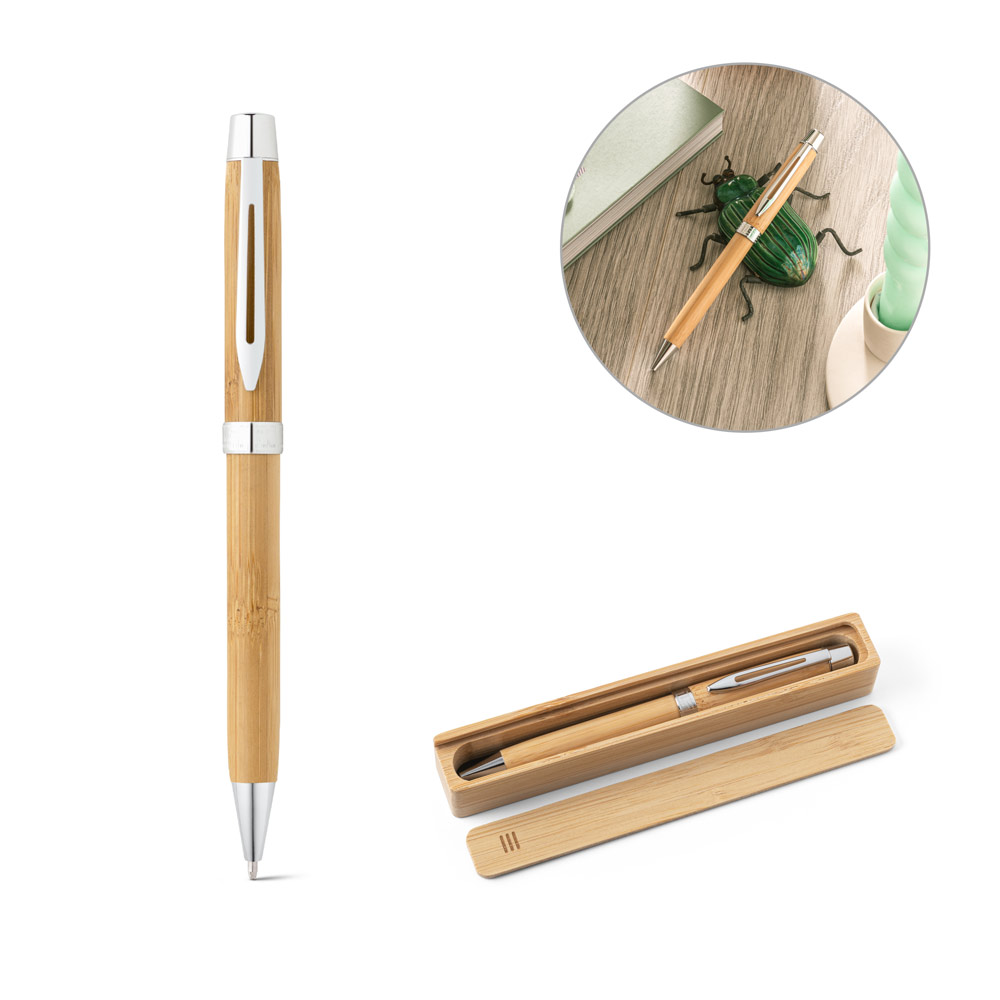 Caneta e Estojo Personalizados em Bambu com Escrita Azul