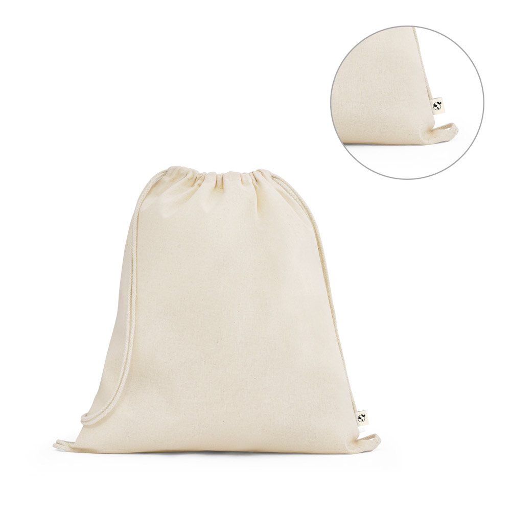 Sacola para brinde tipo mochila 100% algodão orgânico 140 g/m²