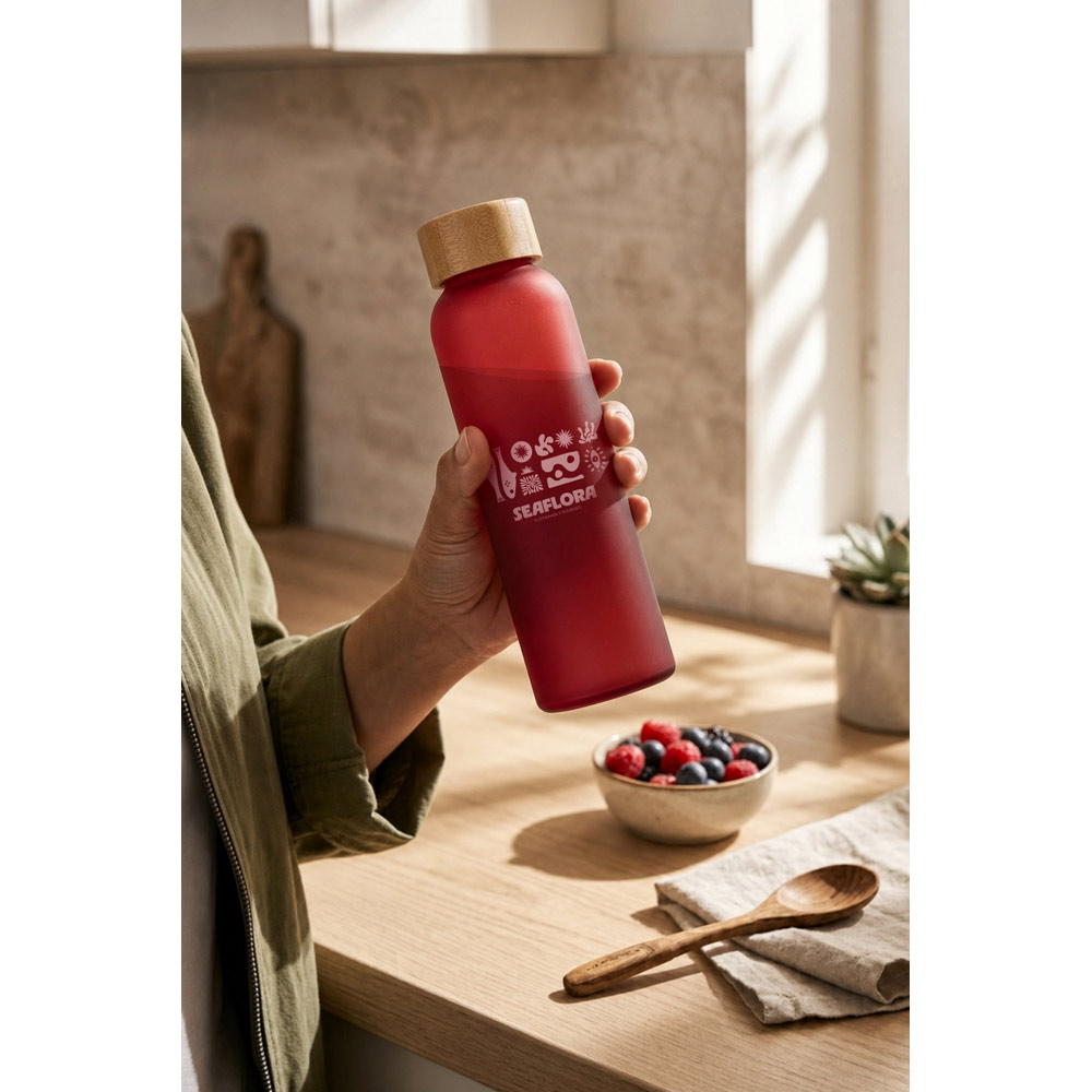 Squeeze Personalizado em Vidro Fosco com Tampa de Bambu 520 ml