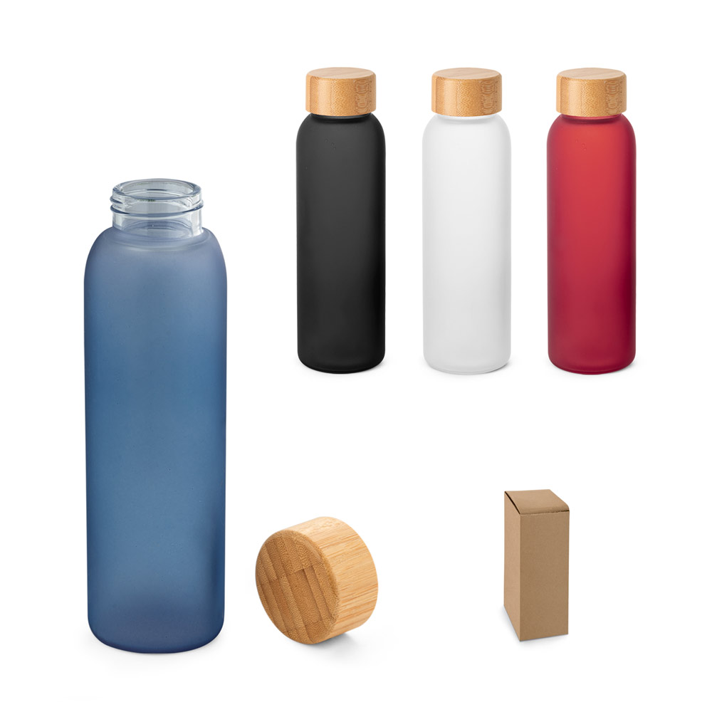 Squeeze Personalizado em Vidro Fosco com Tampa de Bambu 520 ml