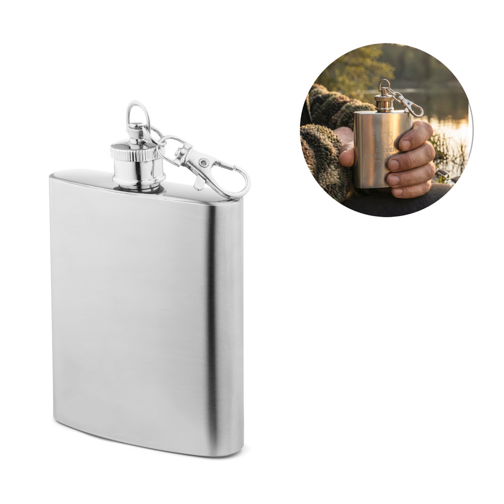 Garrafa de Bolso Personalizada em Aço Inox com Mosquetão 100 ml