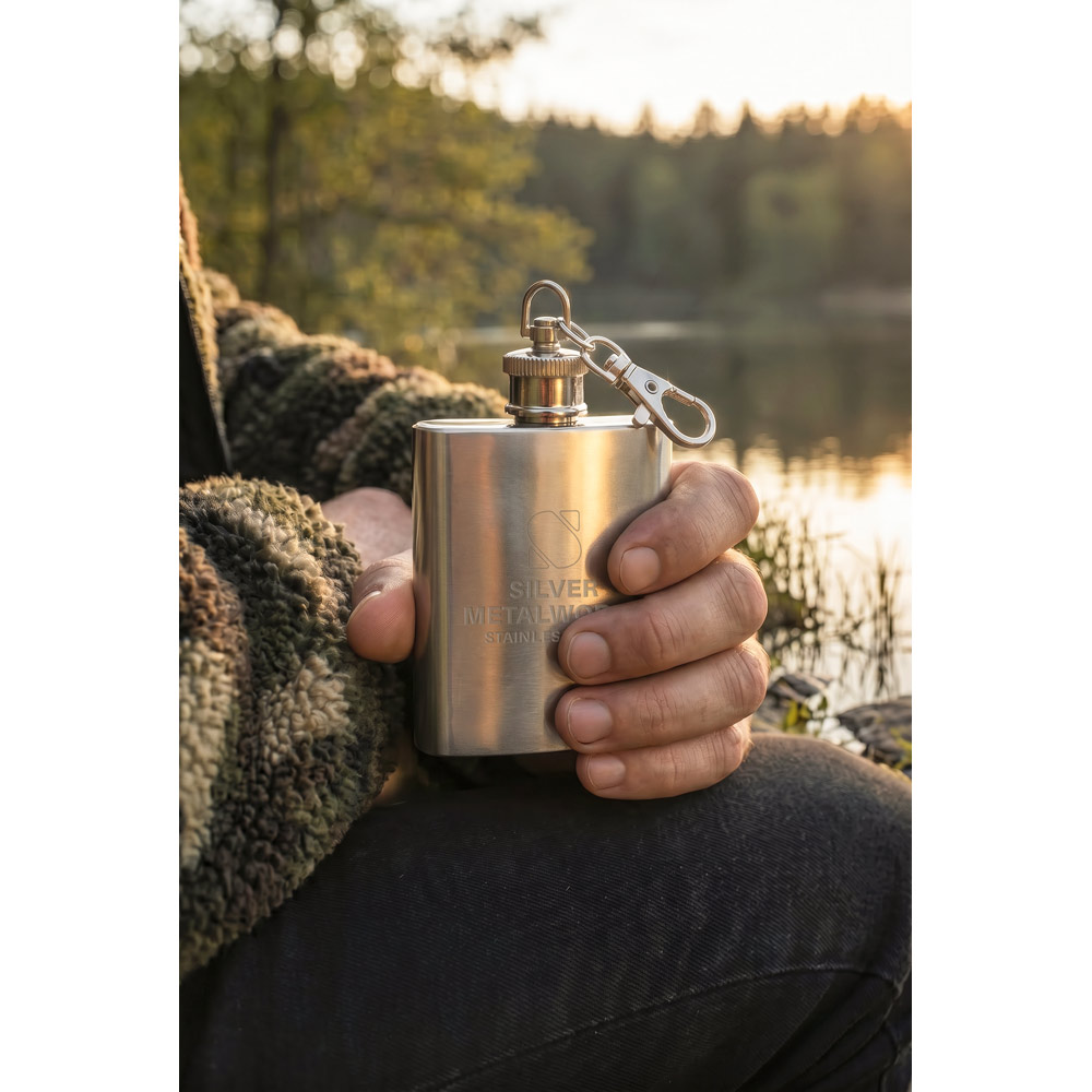 Garrafa de Bolso Personalizada em Aço Inox com Mosquetão 100 ml