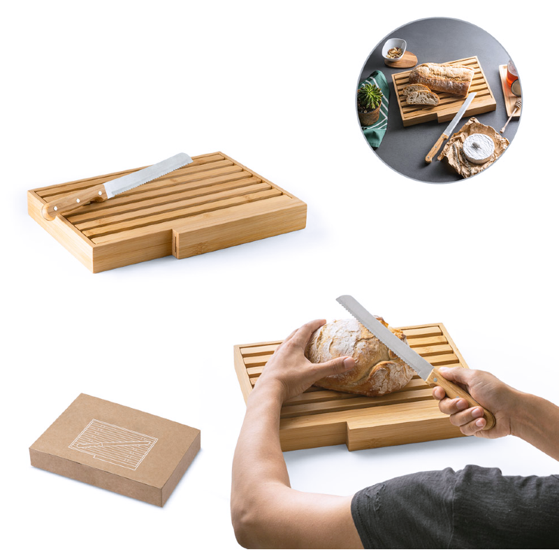 Tábua para Pão em Bambu Personalizada com faca em Aço Inox