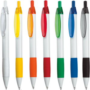 Caneta Plástica Corpo Branco e detalhes Coloridos com Apoio